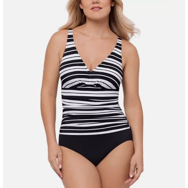 Swim Solutions Women's Striped Tummy Control One-Pc Swimsuit Black Sz 18 18183